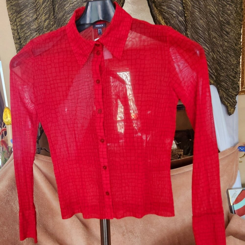 A29 Vintage Mexx Sexy Sheer w/black Button Down Blouse Flare Long Sleeve Sz M